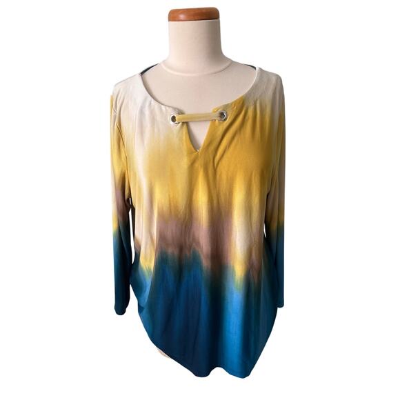 Calvin Klein Women's Large Gradient Tie Dye Semi Sheer Long Sleeve Shirt Blouse - Picture 1 of 9